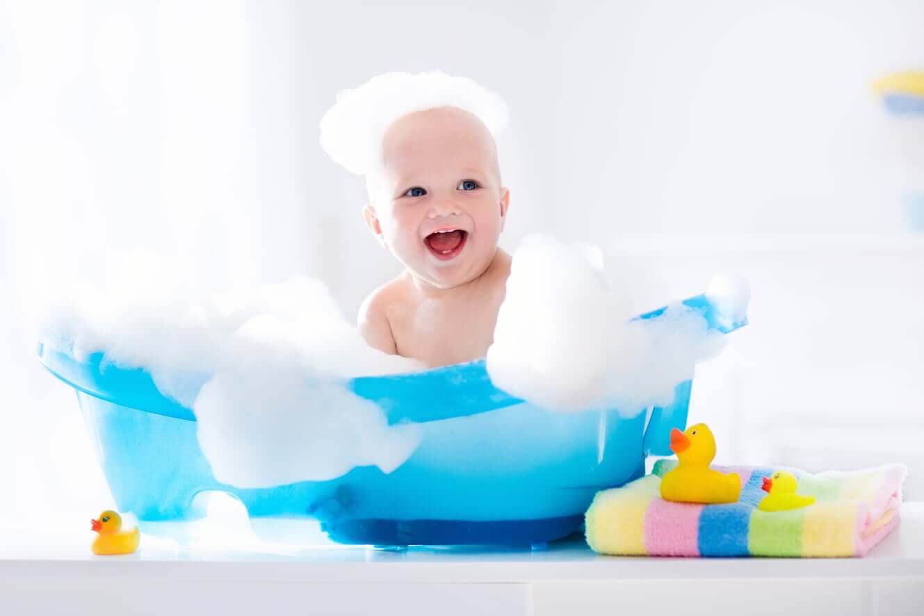 happy baby in the bath