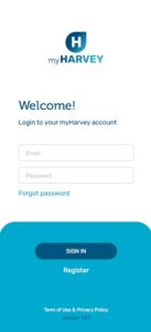 myHarvey app login screen