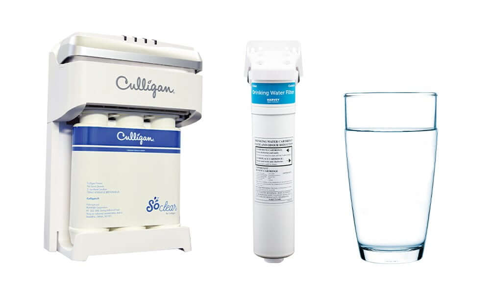 two Harvey water filter products with a glass of filtered water