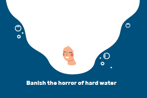Horrors of Hard Water; Art Style visual of person soaking in bubbles. It reads 
